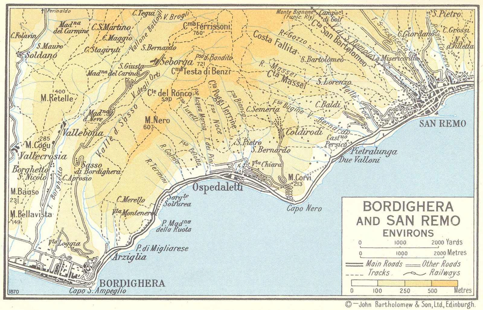 Bordighera and San Remo Environs 1960 old vintage map plan chart